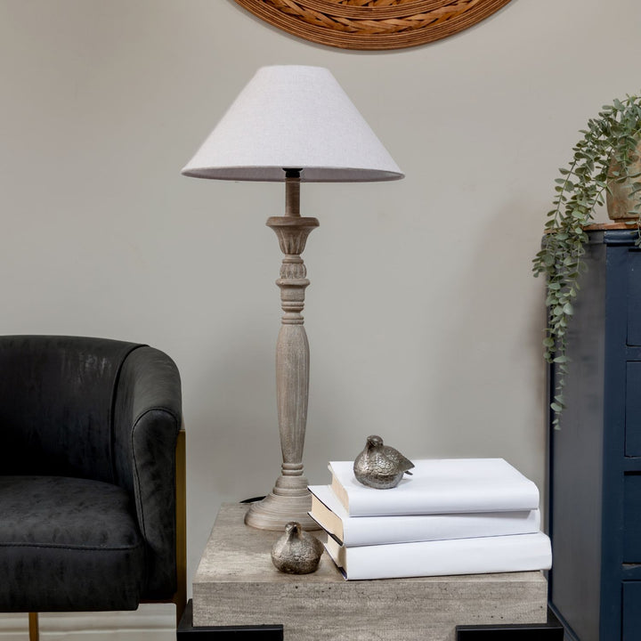 Grey Wash Wooden Candlestick Table Lamp