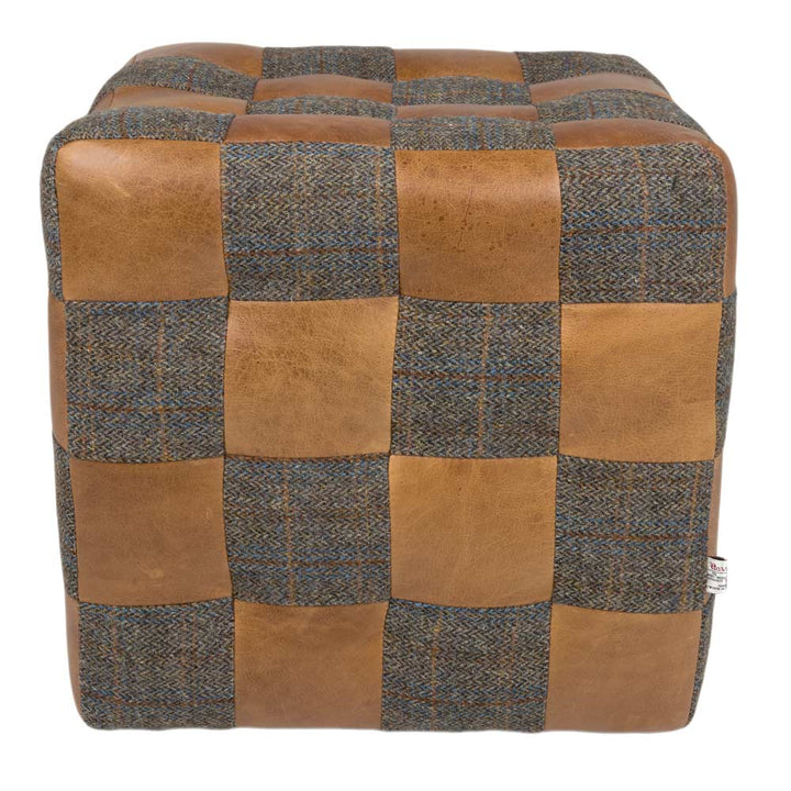 Brown Cerato Leather and Uist Night Harris Tweed Patchwork Cube Footstool