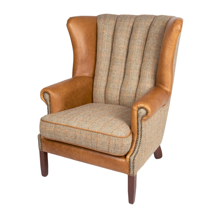 Fluted Wing Gamekeeper Thorn Harris Tweed & Brown Cerato Leather Armchair Leather - The Orchard Home and Gifts