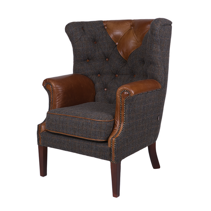 Kensington Chair Uist Night Harris Tweed & Brown Cerato Leather Armchair