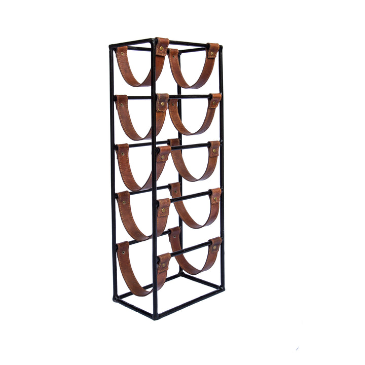 Square Leather and Metal 5 Bottle Sling Wine Rack