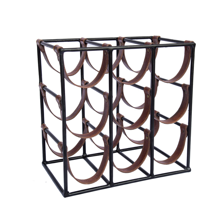 Square Leather and Metal 9 Bottle Sling Wine Rack