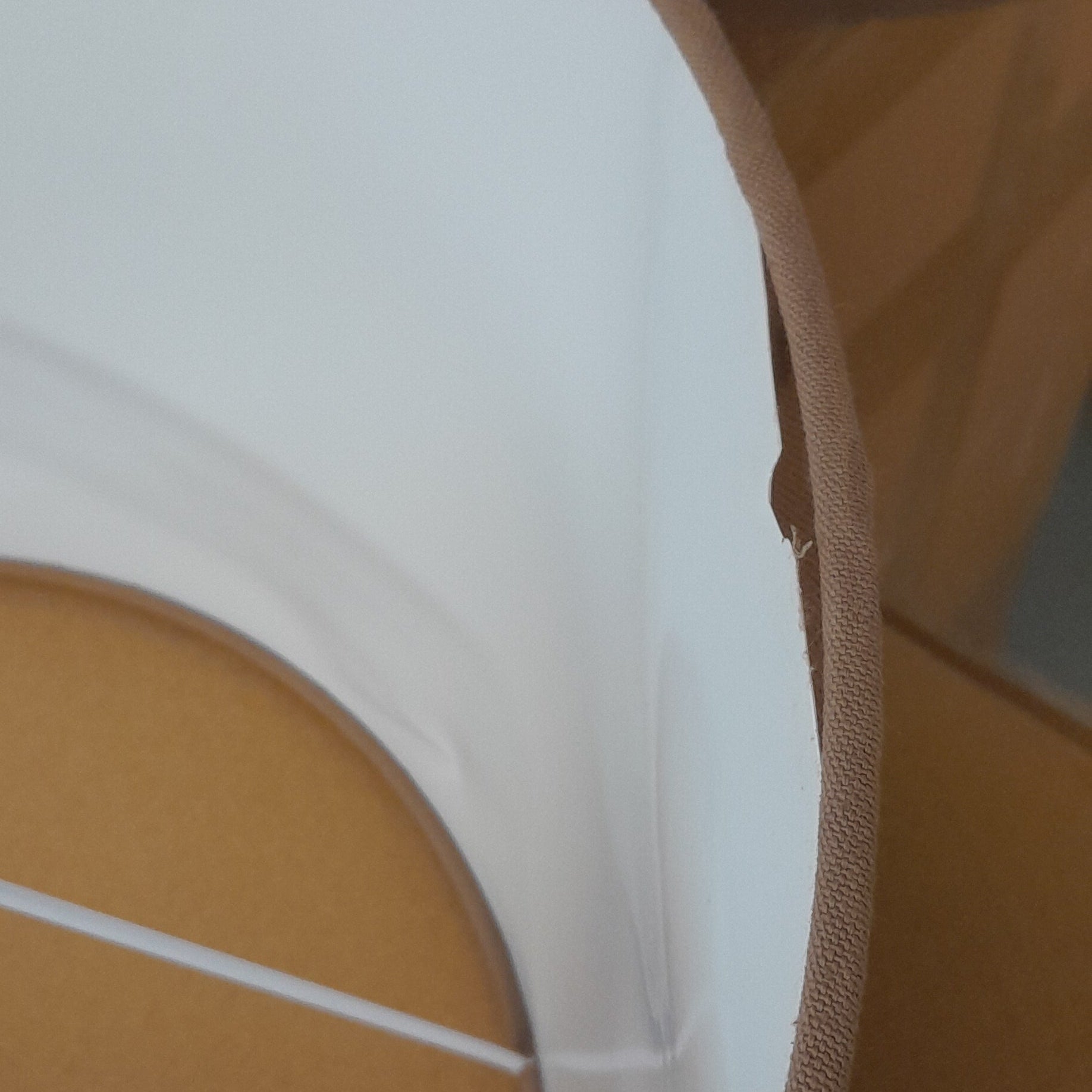 Close-up of a white circular object with a brown border on a wooden surface.