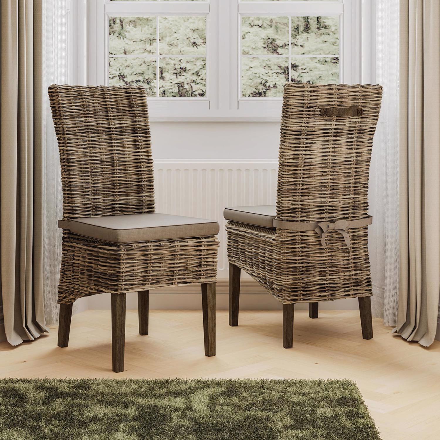 High Back Grey Washed Rattan Dining Chairs Set of Two