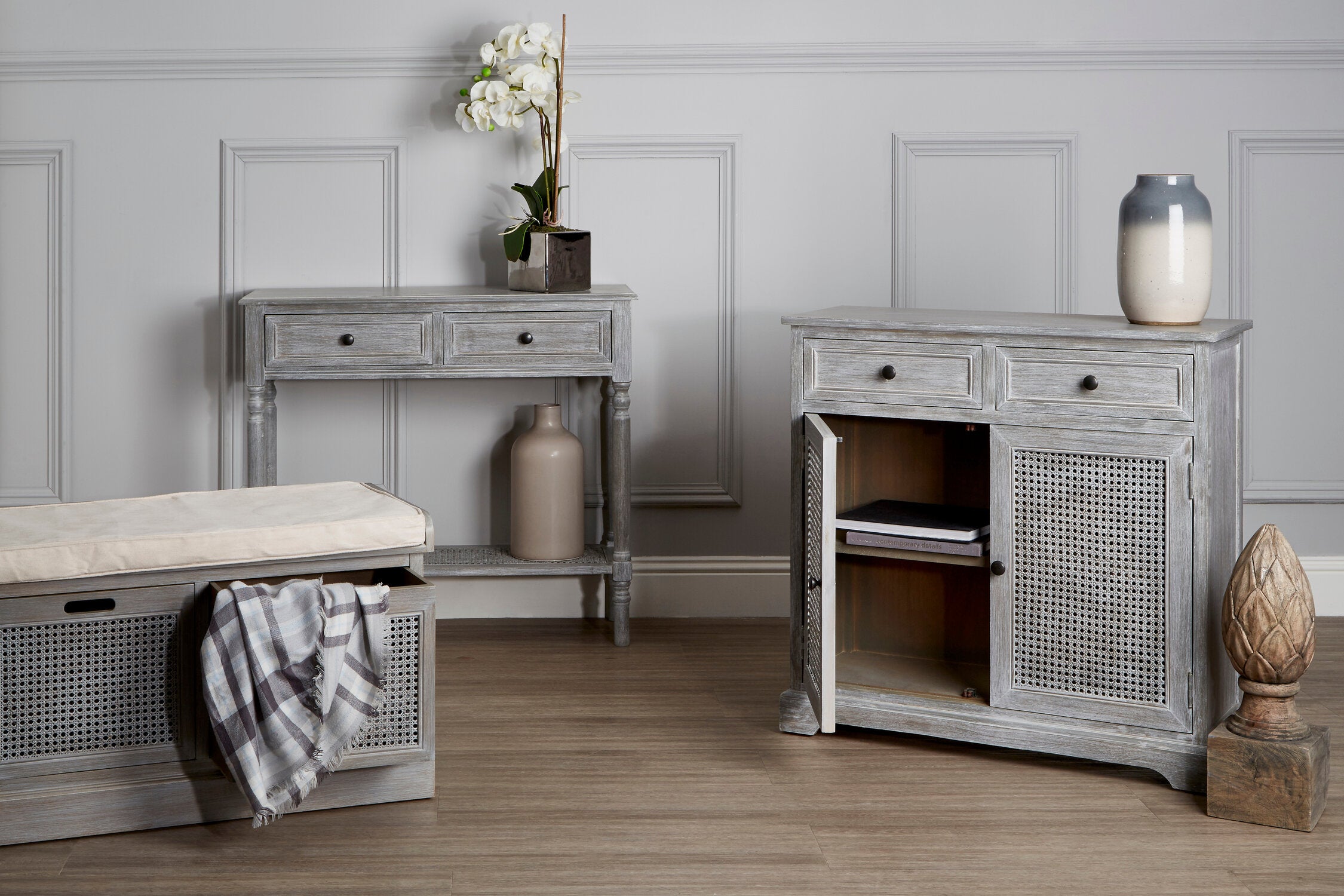 Grey Wash Wooden Two Drawer Console Table - The Orchard Home and Gifts