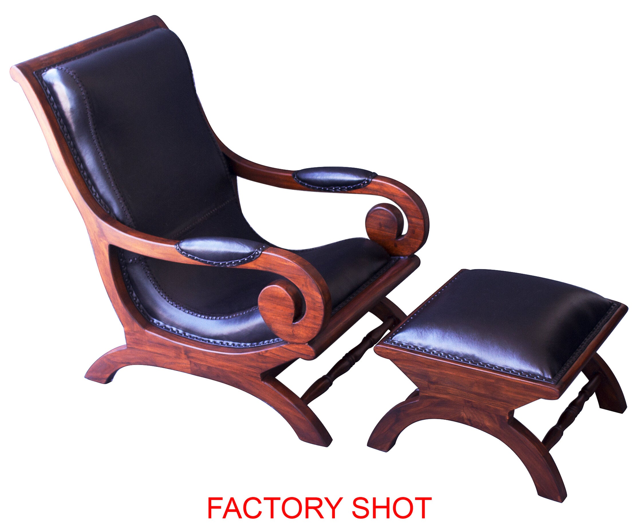 Black Leather and Teak Lounge Chair and Footstool - The Orchard Home and Gifts