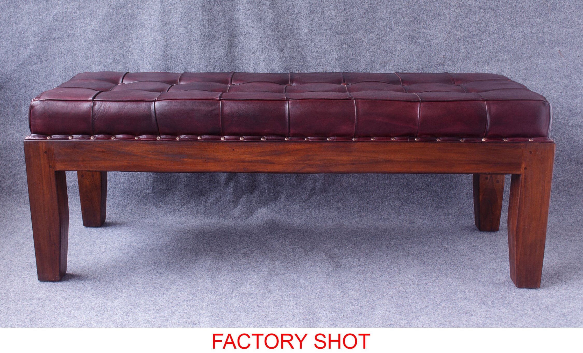 Antique Brown Upholstered Buttoned Leather Teak Bench - The Orchard Home and Gifts