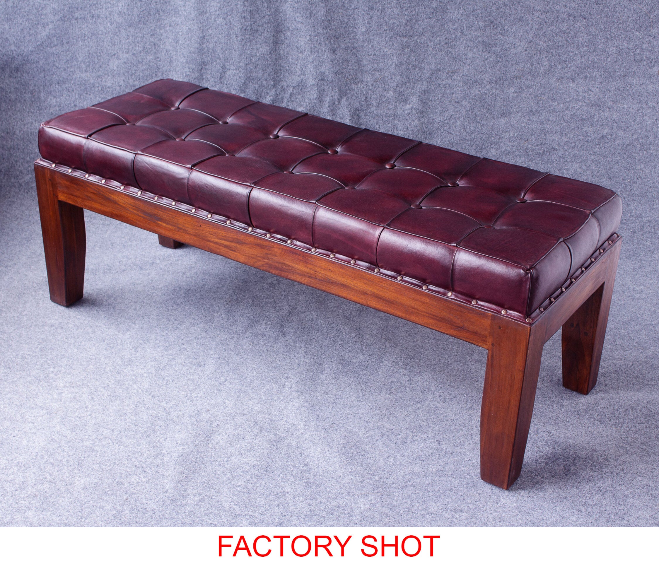 Antique Brown Upholstered Buttoned Leather Teak Bench - The Orchard Home and Gifts