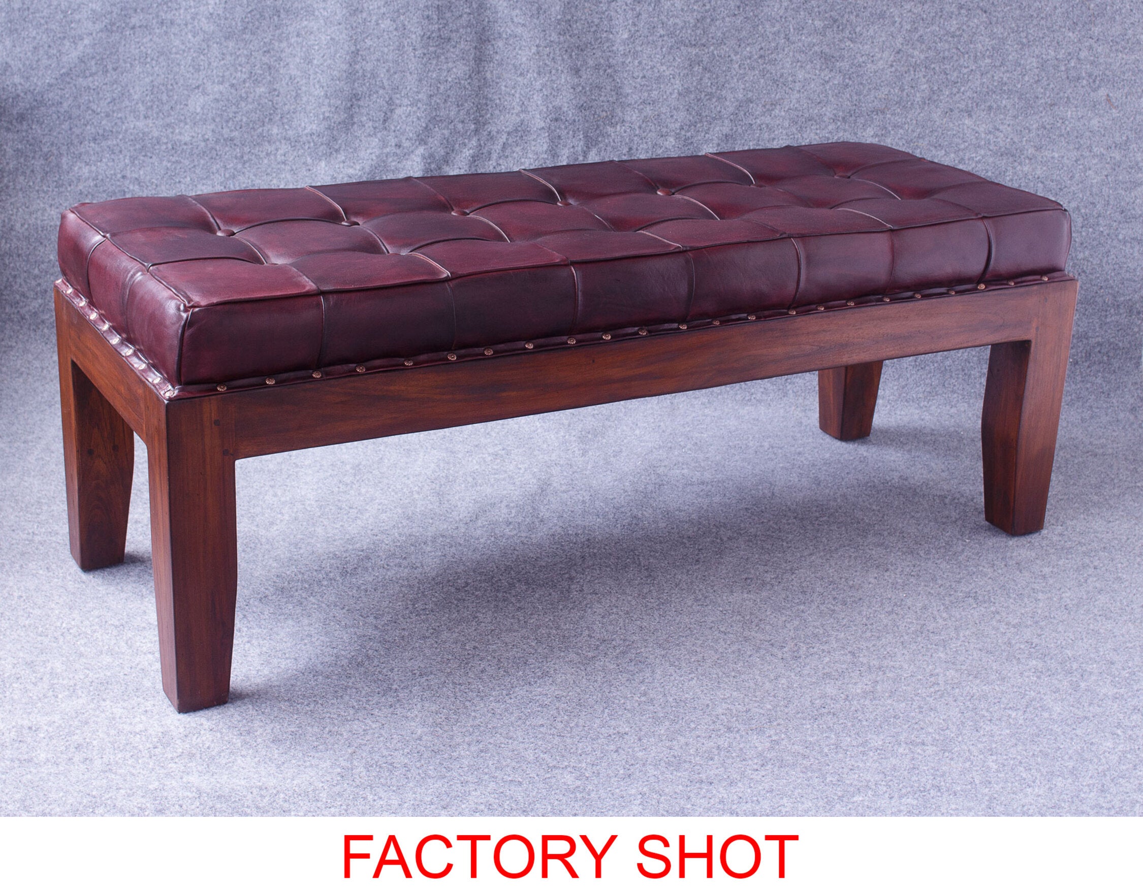 Antique Brown Upholstered Buttoned Leather Teak Bench - The Orchard Home and Gifts