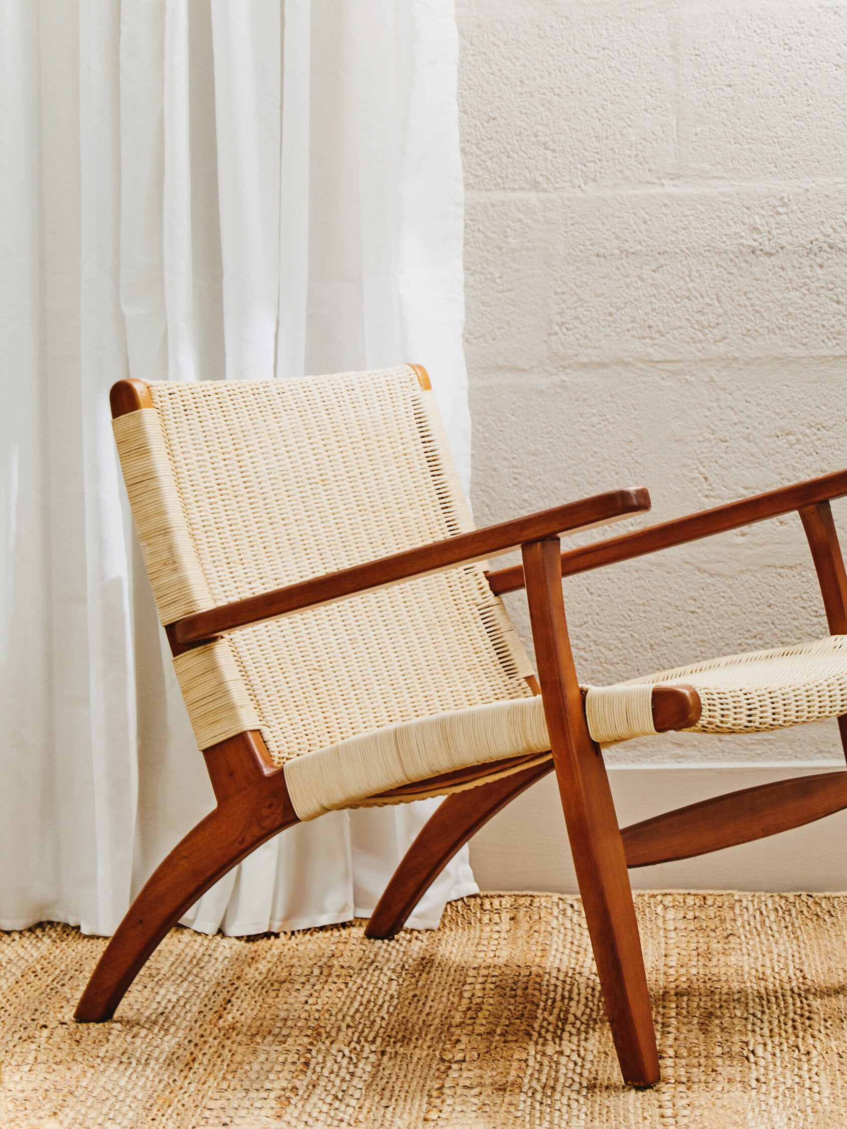 Natural Woven Rattan and Mahogany Chair