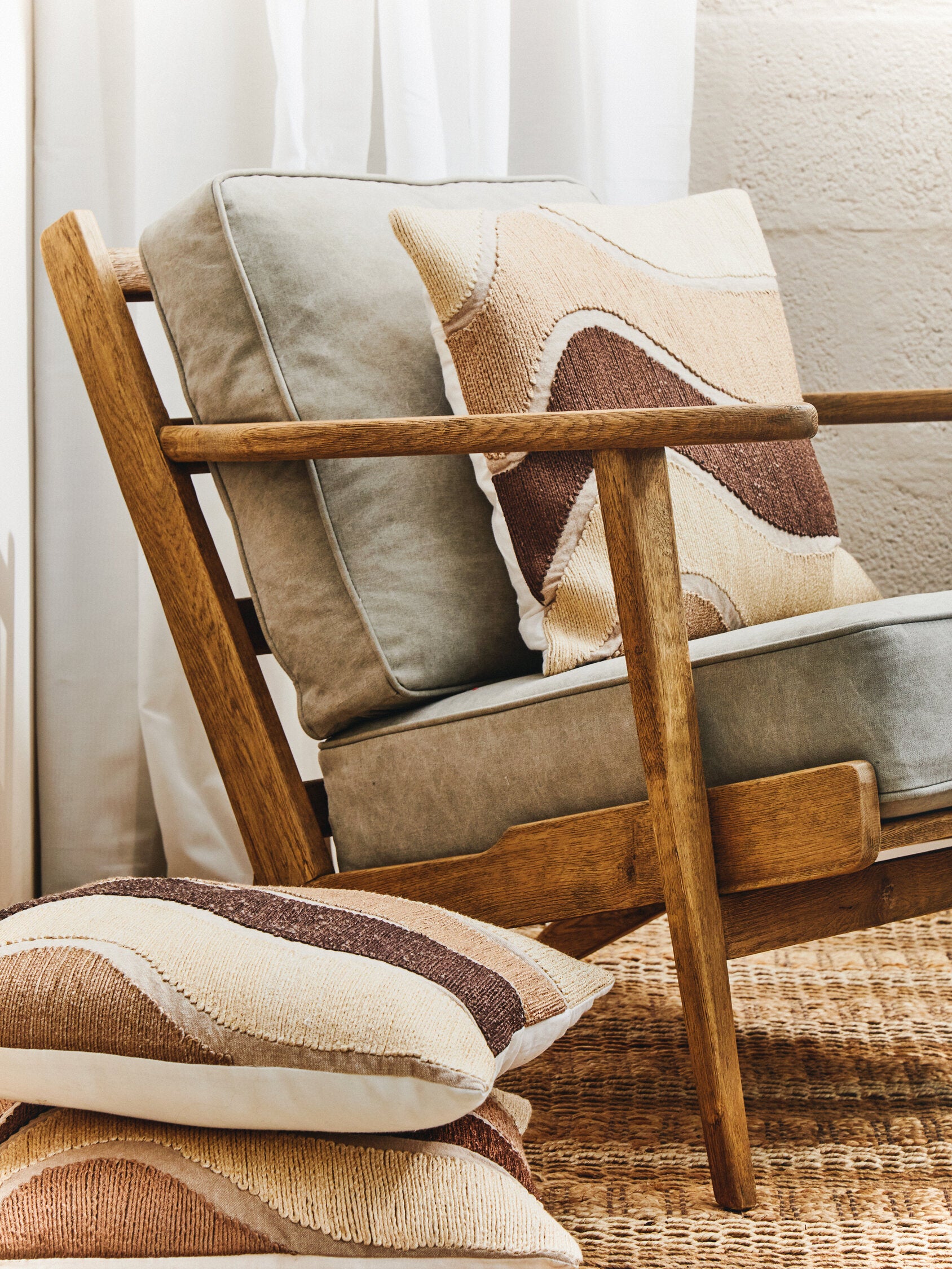 Mid Century Natural Linen and Oak Armchair - The Orchard Home and Gifts
