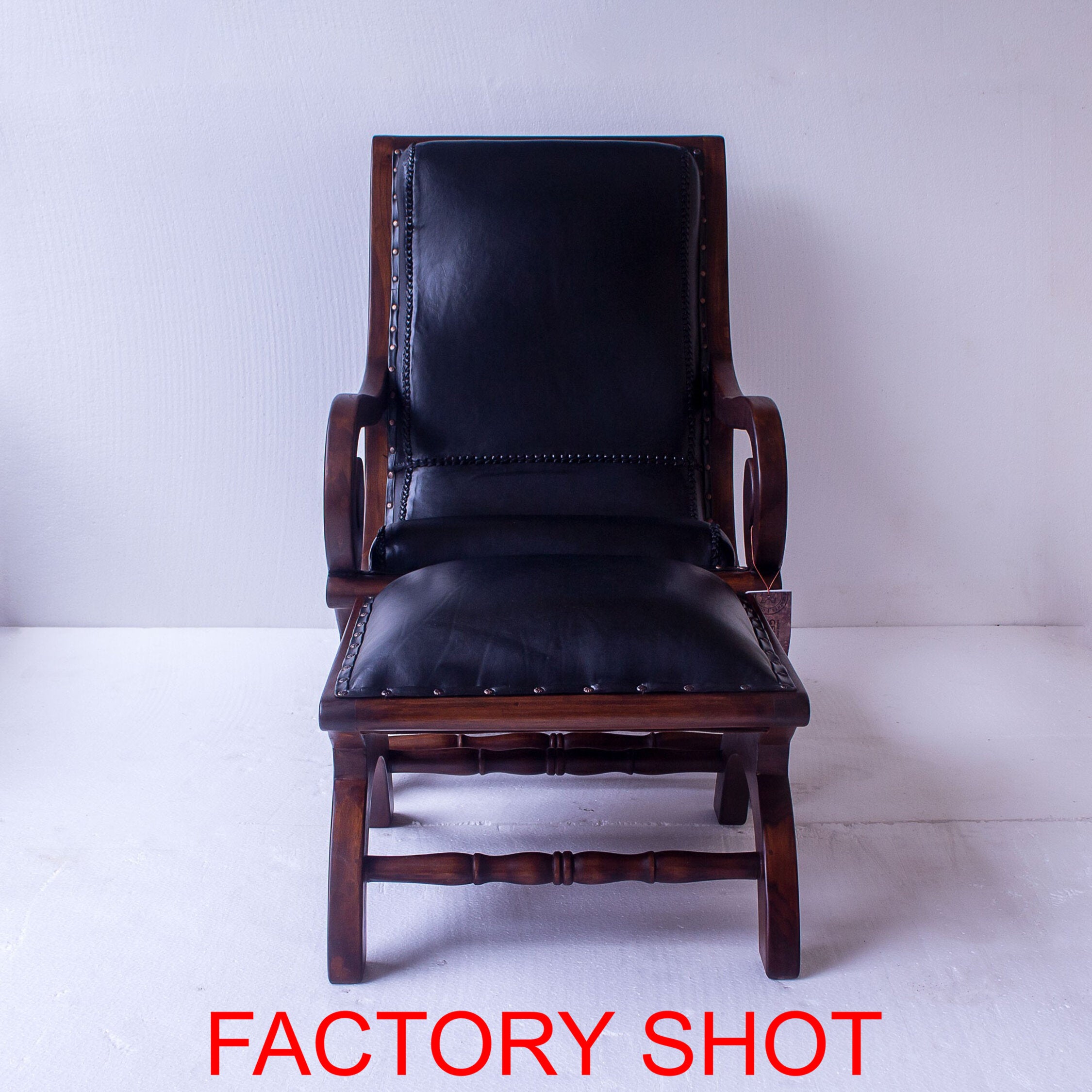 Black Leather and Teak Lounge Chair and Footstool - The Orchard Home and Gifts