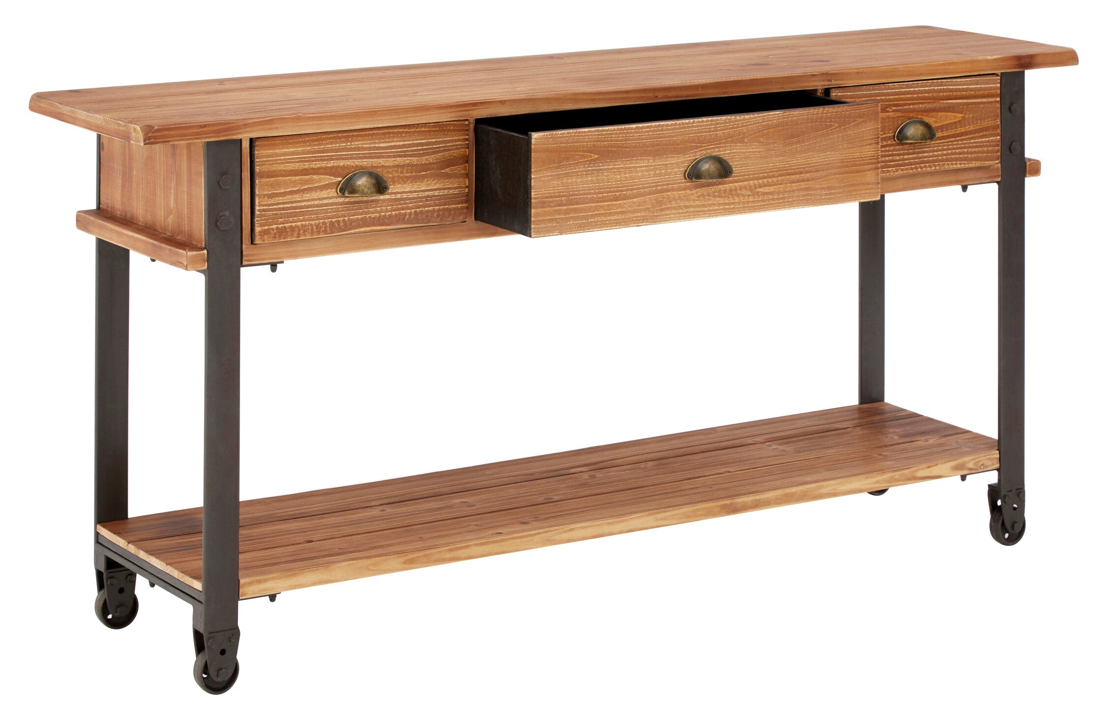 Industrial Wood and Metal Three Drawer Console Kitchen Storage Table - The Orchard Home and Gifts