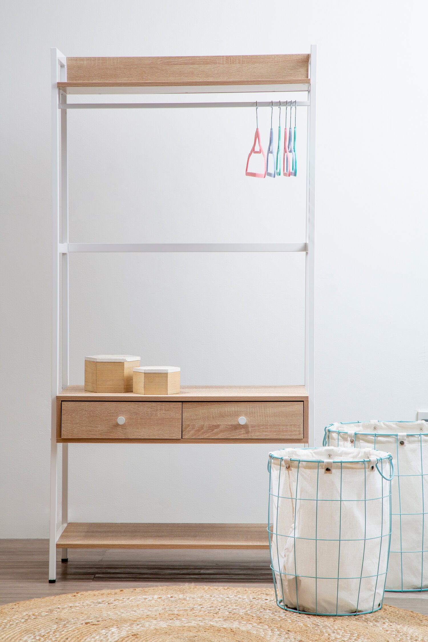 White and Natural Oak Effect Open Wardrobe with One Drawer - The Orchard Home and Gifts