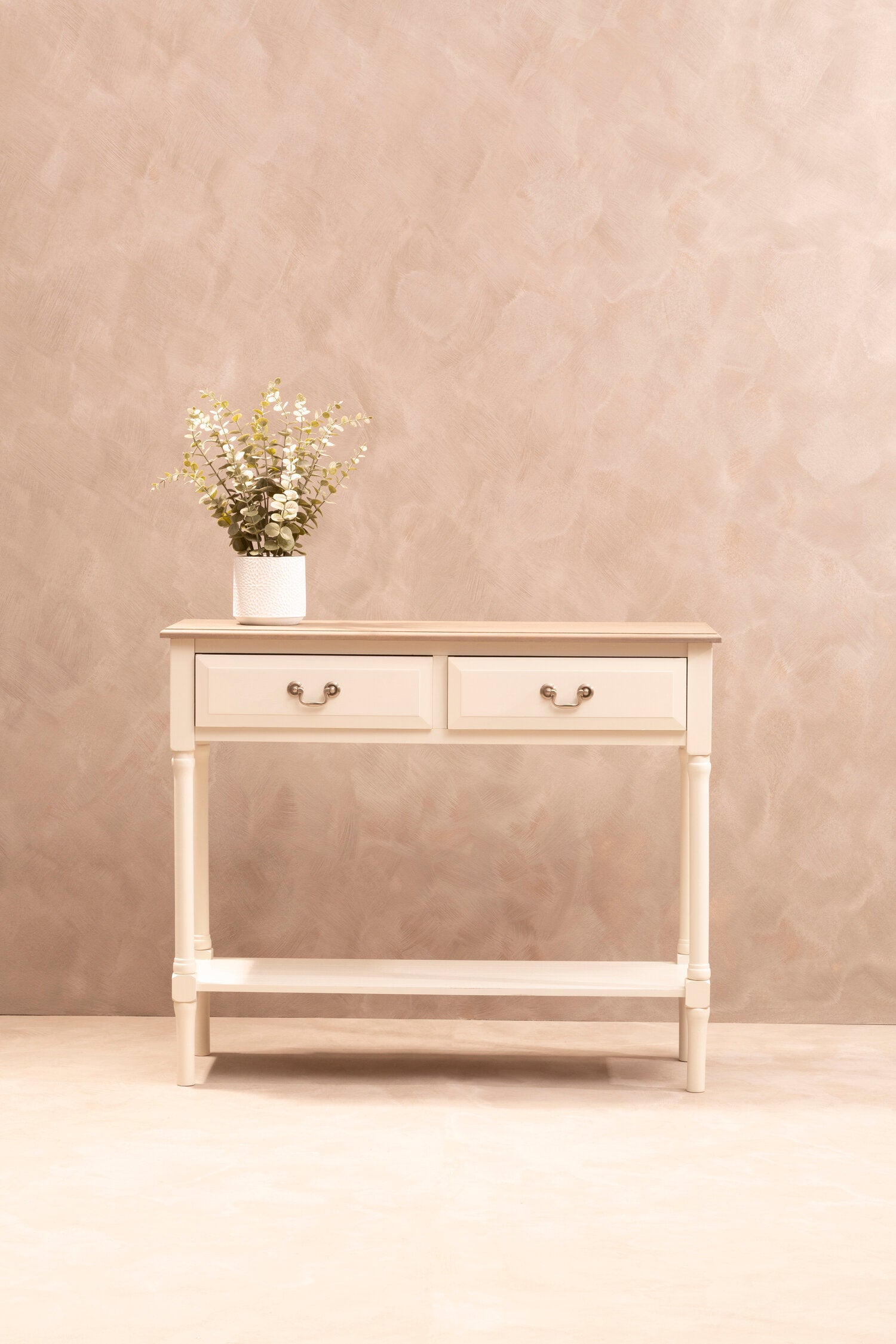 Country White Two Drawer Console Table with Shelf - The Orchard Home and Gifts