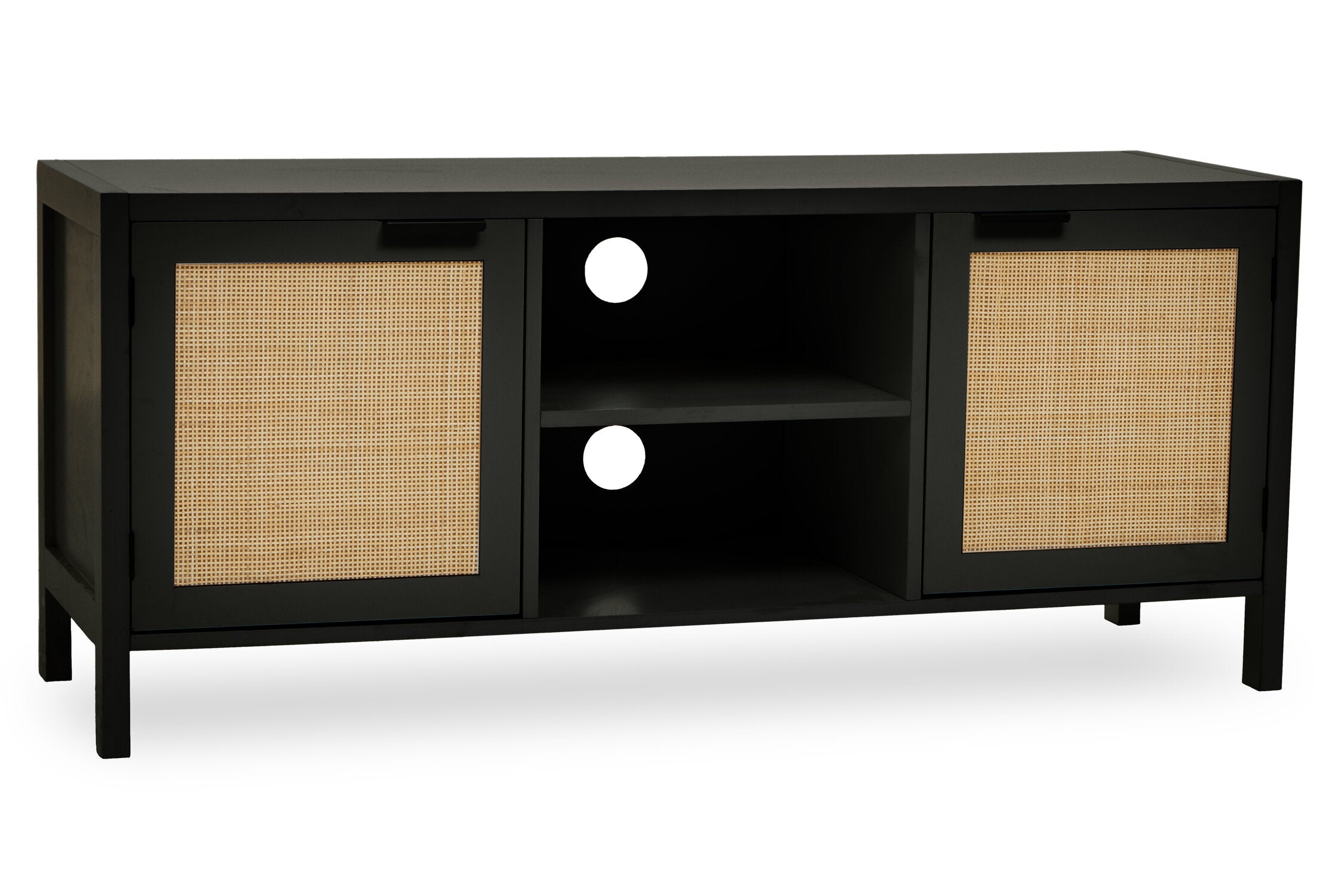 Herman Black Wood and Rattan Two Door Two Shelf Media Unit - The Orchard Home and Gifts