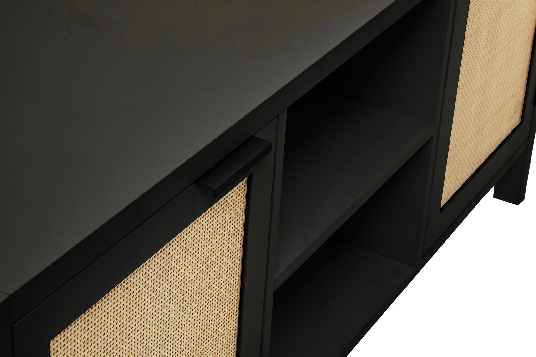 Herman Black Wood and Rattan Two Door Two Shelf Media Unit - The Orchard Home and Gifts