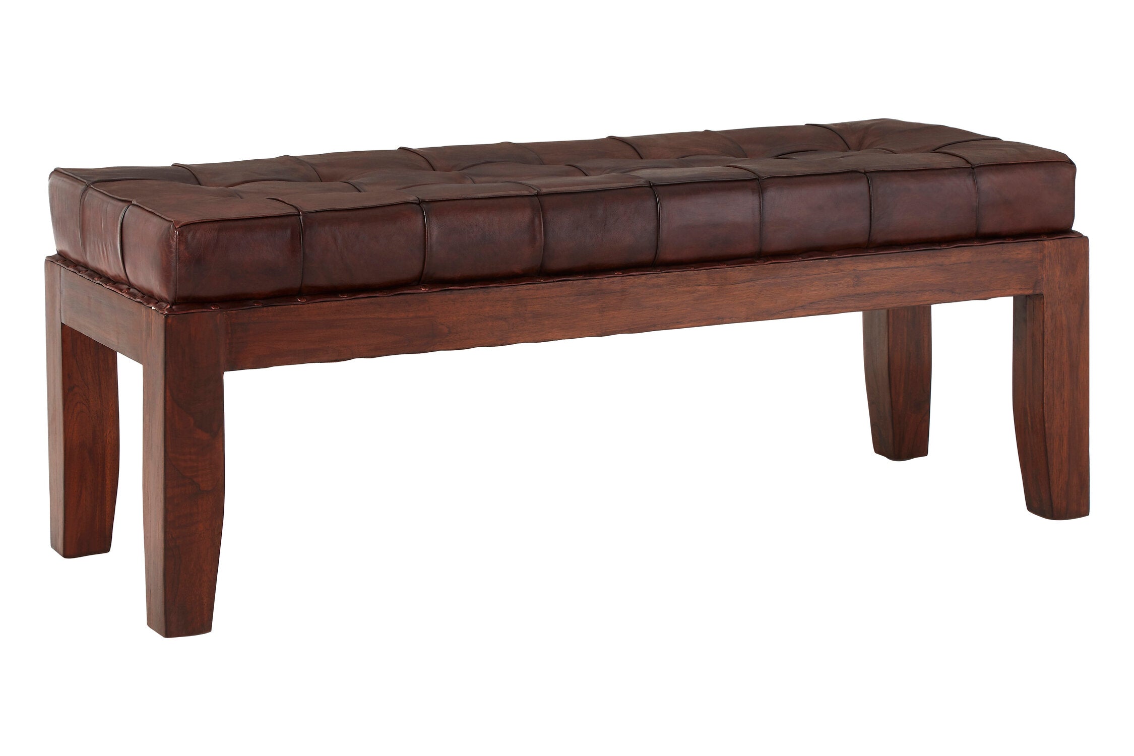 Antique Brown Upholstered Buttoned Leather Teak Bench - The Orchard Home and Gifts
