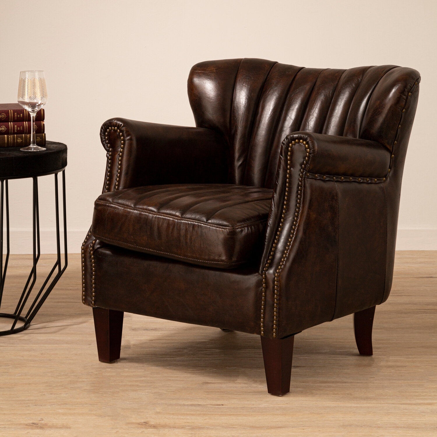 Baxter Antique Brown Leather Club Wing Back Armchair - The Orchard Home and Gifts