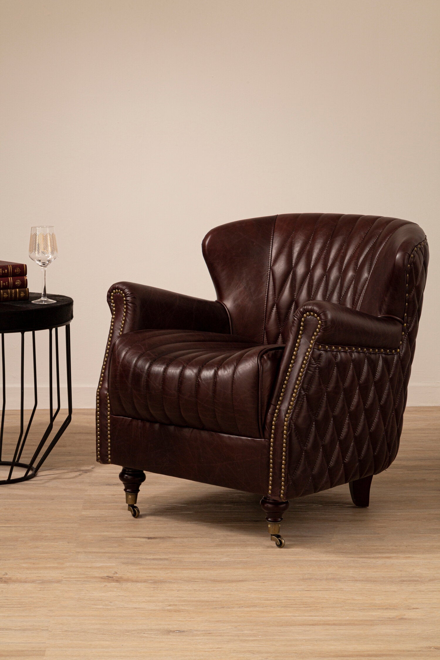 Baxter Antique Brown Leather Diamond Quilted Wing Back Armchair - The Orchard Home and Gifts