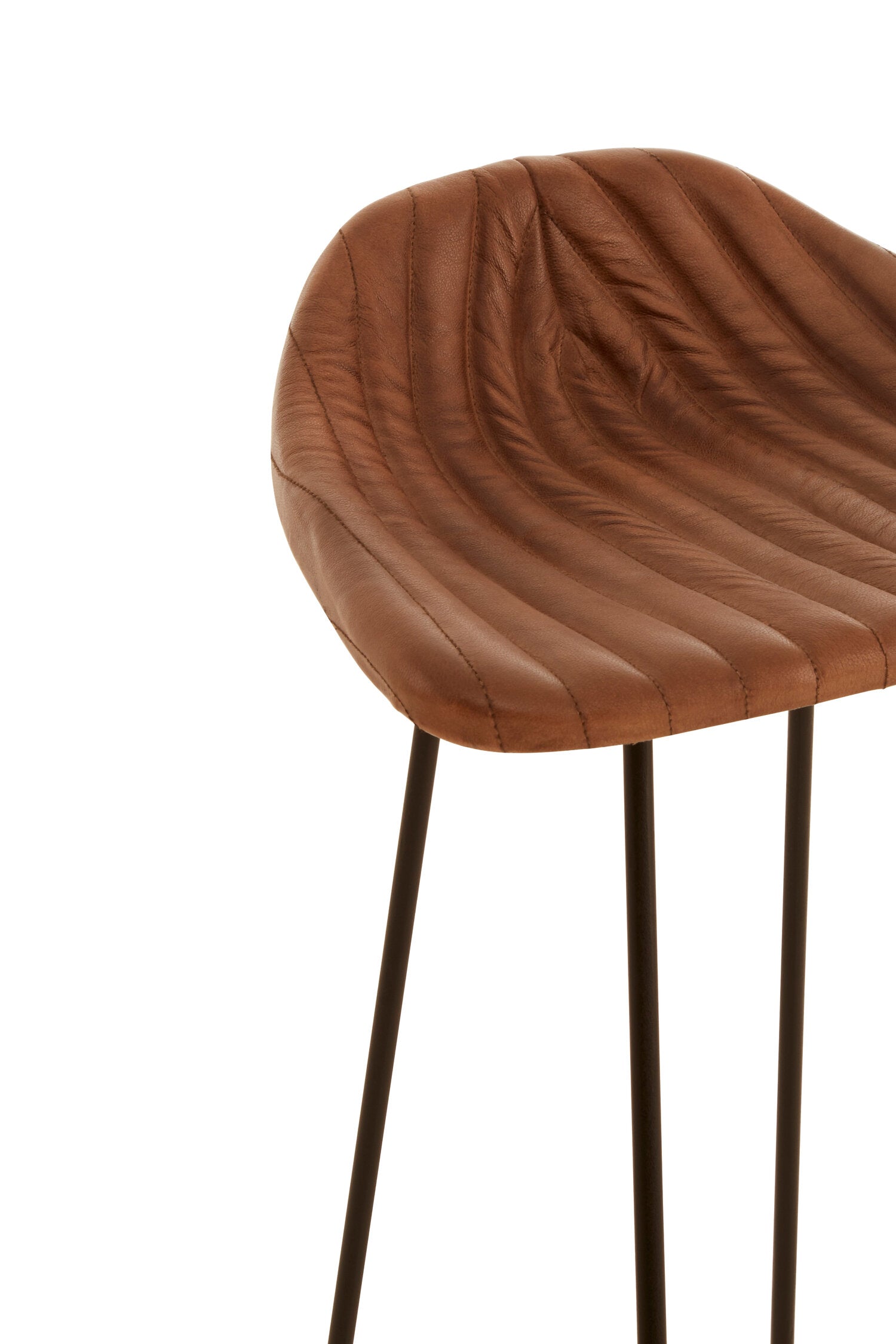 Fluted Brown Leather and Metal Bar Stool - The Orchard Home and Gifts