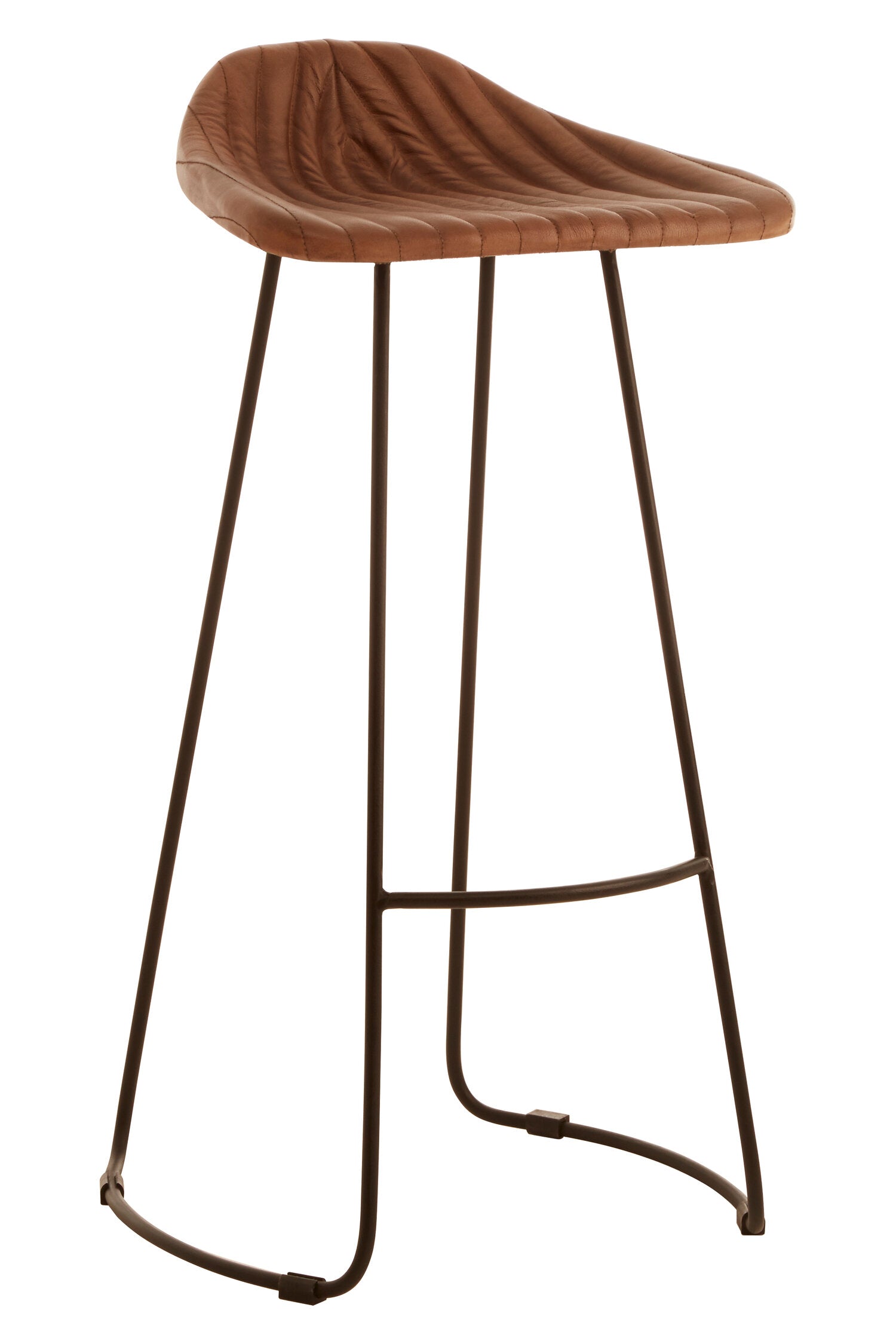 Fluted Brown Leather and Metal Bar Stool - The Orchard Home and Gifts