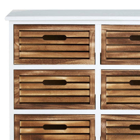 Wooden dresser with six drawers on a white background