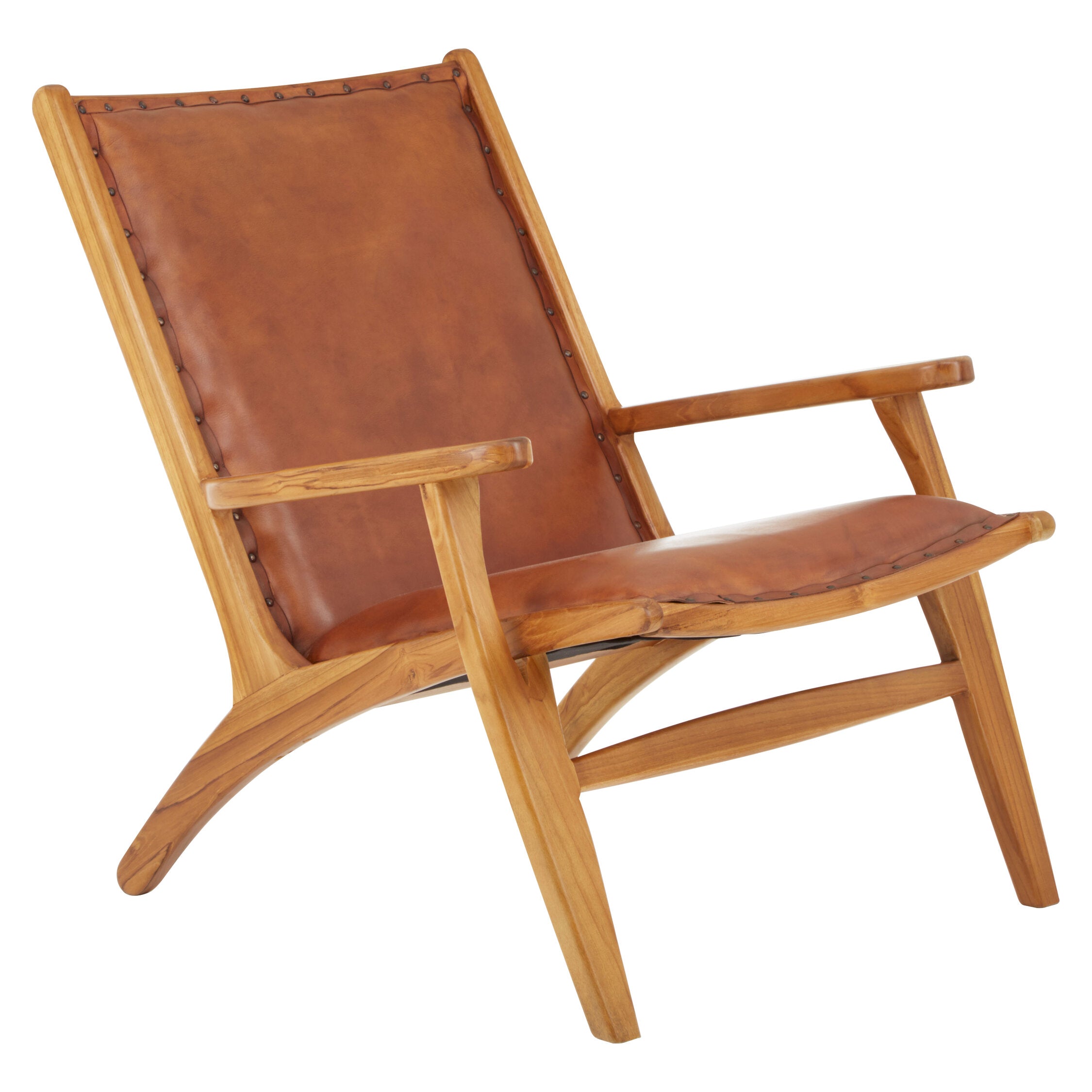 Tan Brown Studded Leather and Teak Armchair - The Orchard Home and Gifts