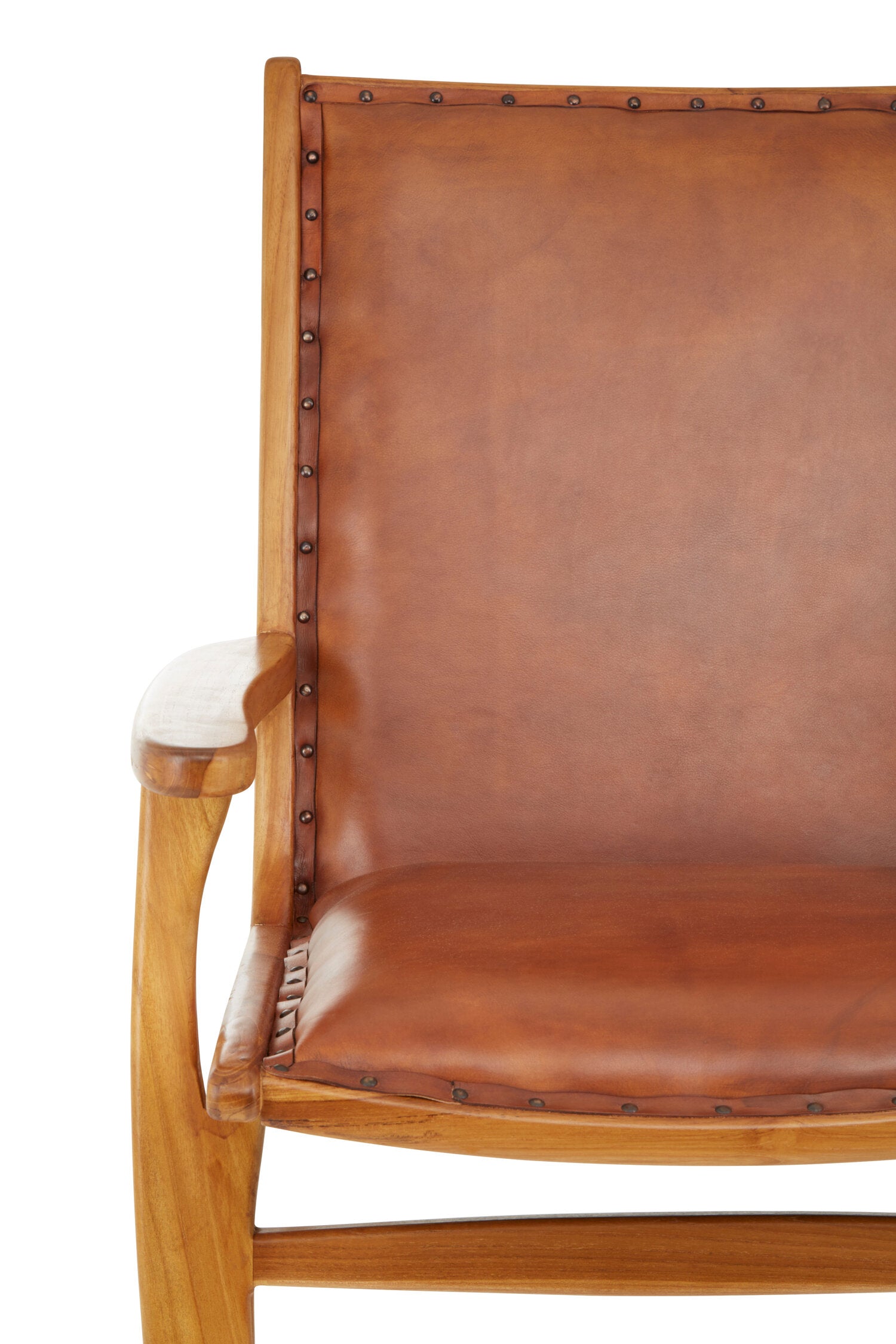 Tan Brown Studded Leather and Teak Armchair - The Orchard Home and Gifts