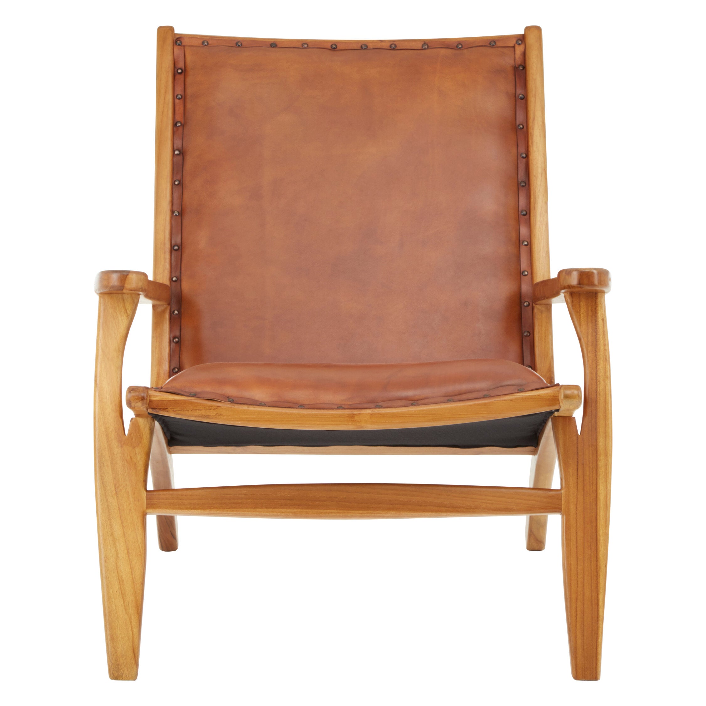 Tan Brown Studded Leather and Teak Armchair - The Orchard Home and Gifts