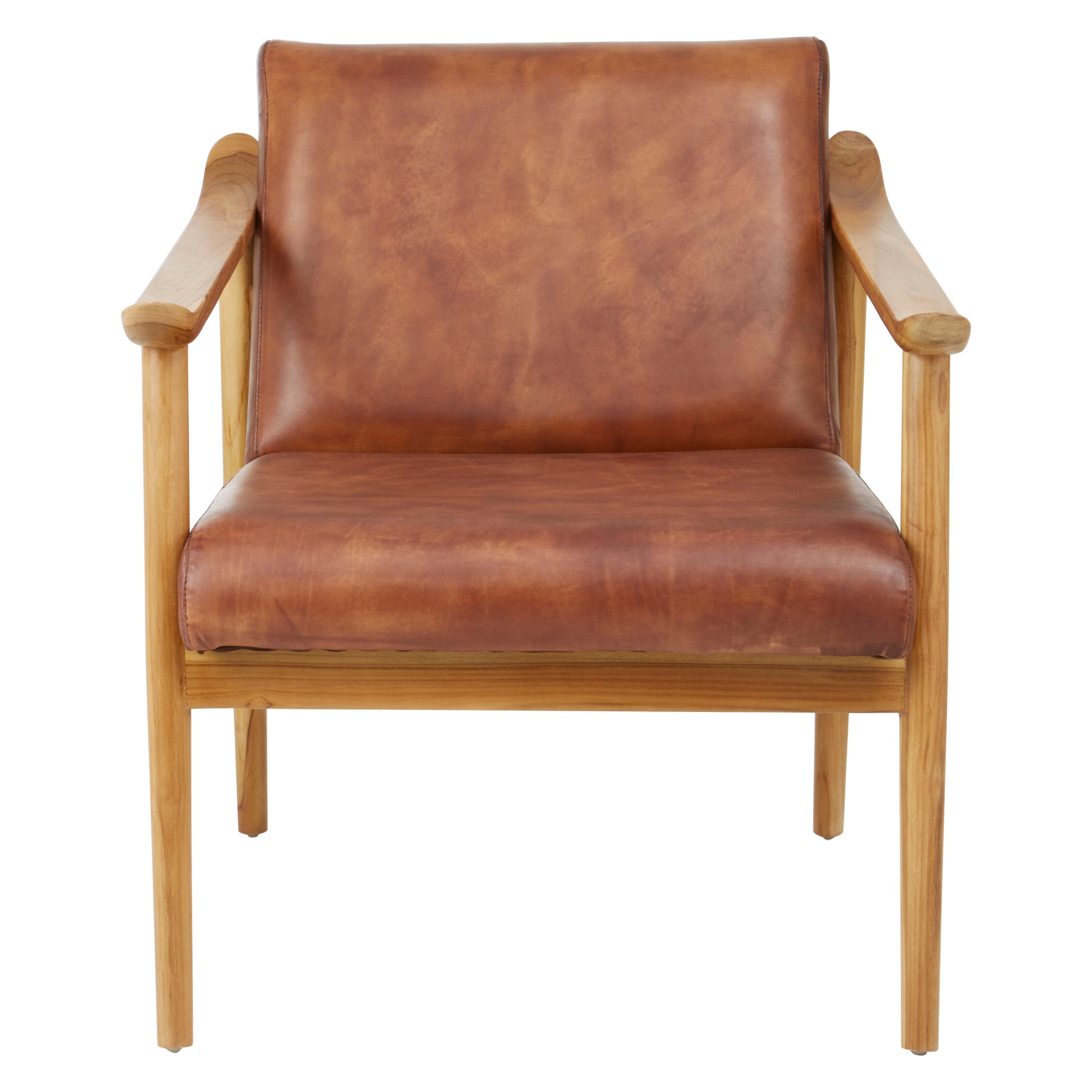 Tan Brown Leather and Natural Teak Armchair - The Orchard Home and Gifts