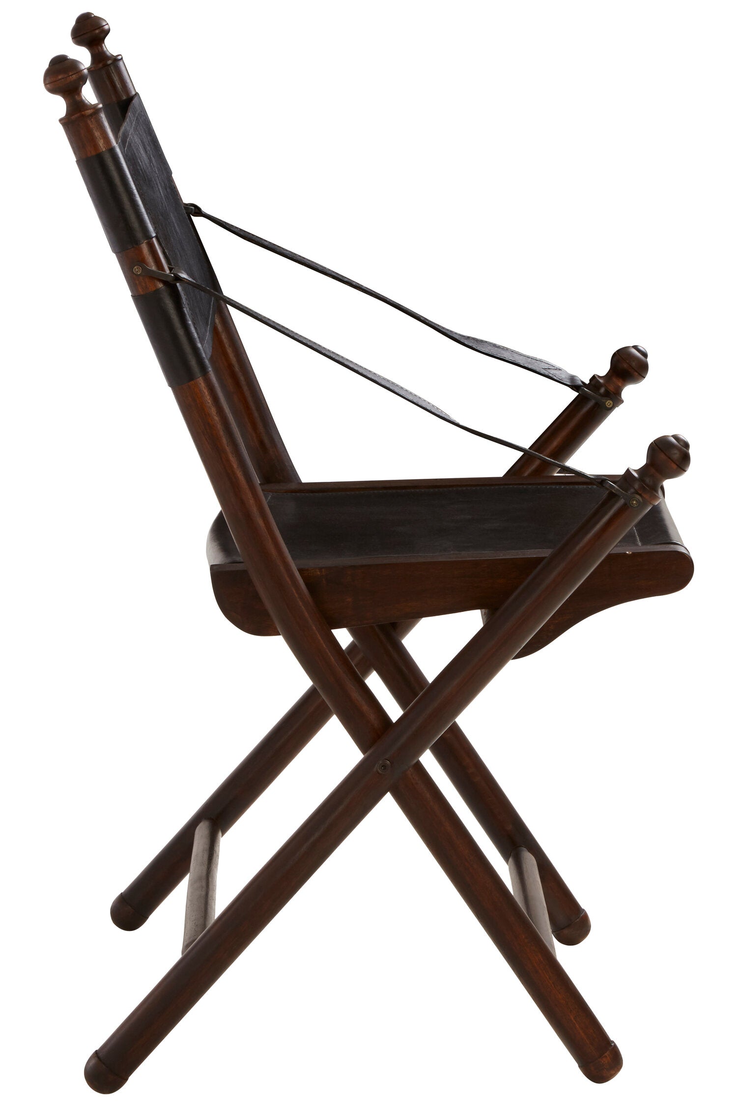 Black Leather and Teak Folding Chair