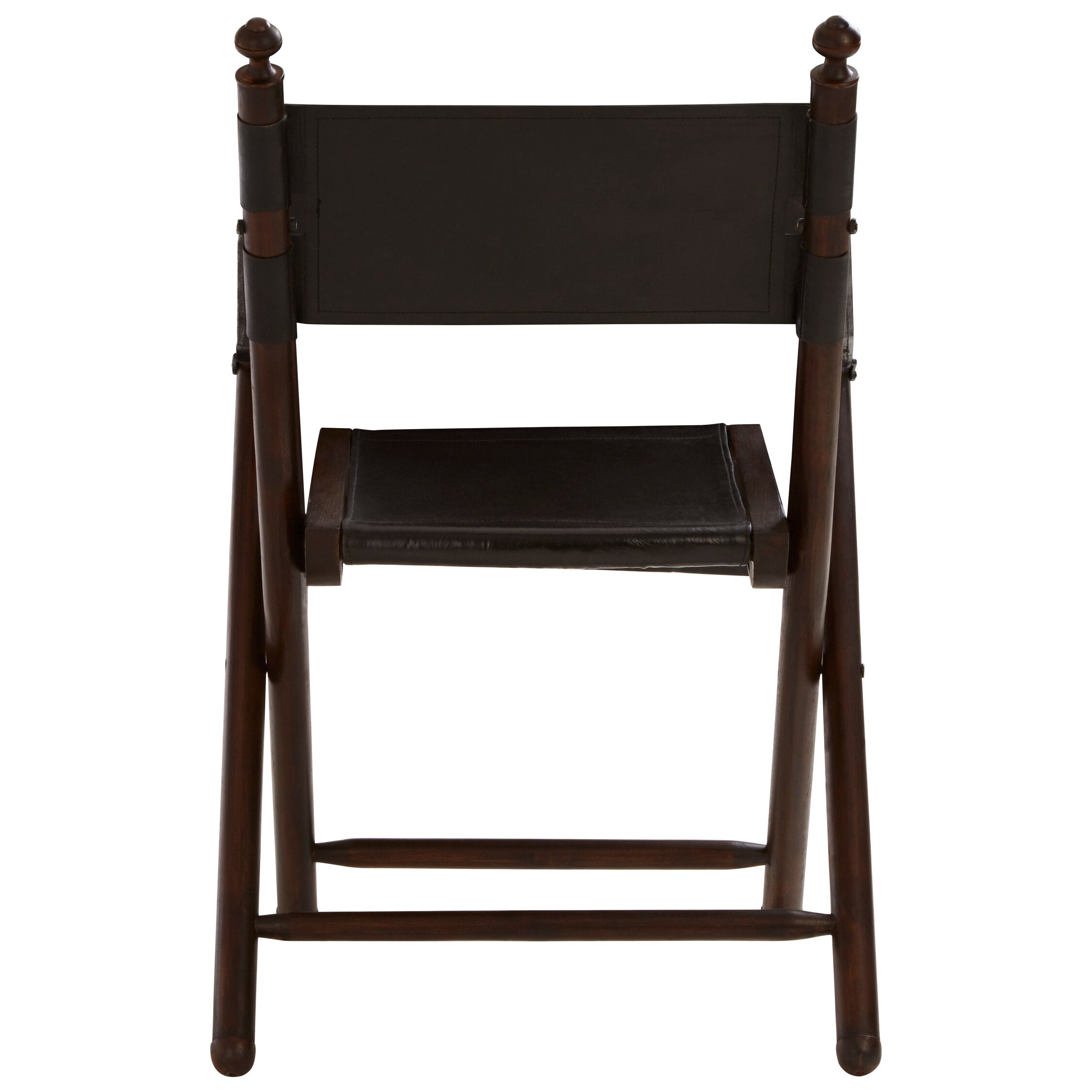 Black Leather and Teak Folding Chair