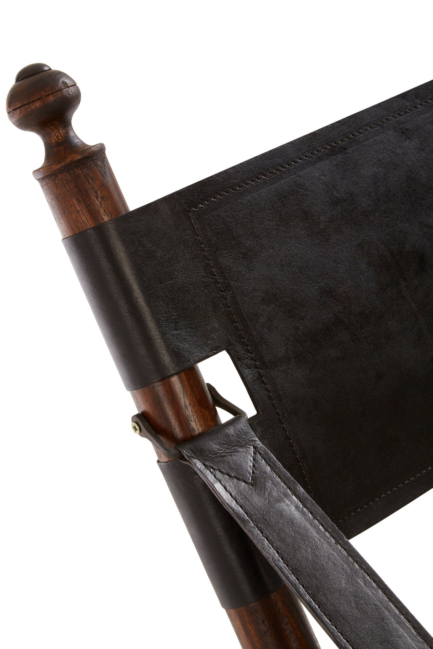 Black Leather and Teak Folding Chair