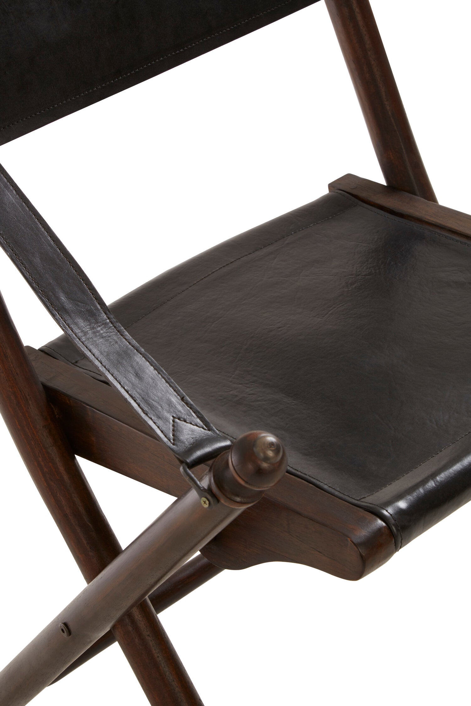 Black Leather and Teak Folding Chair