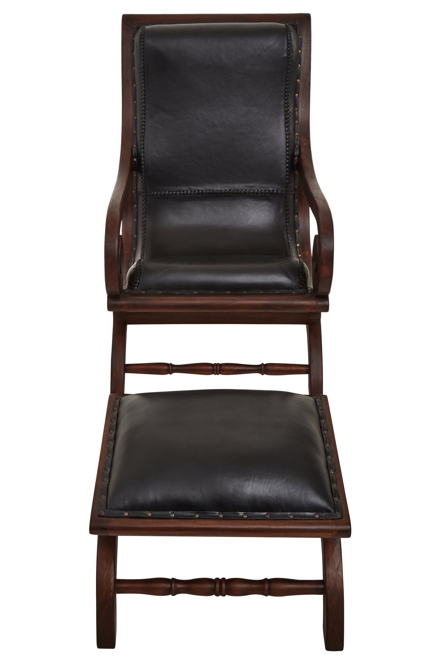 Black Leather and Teak Lounge Chair and Footstool - The Orchard Home and Gifts