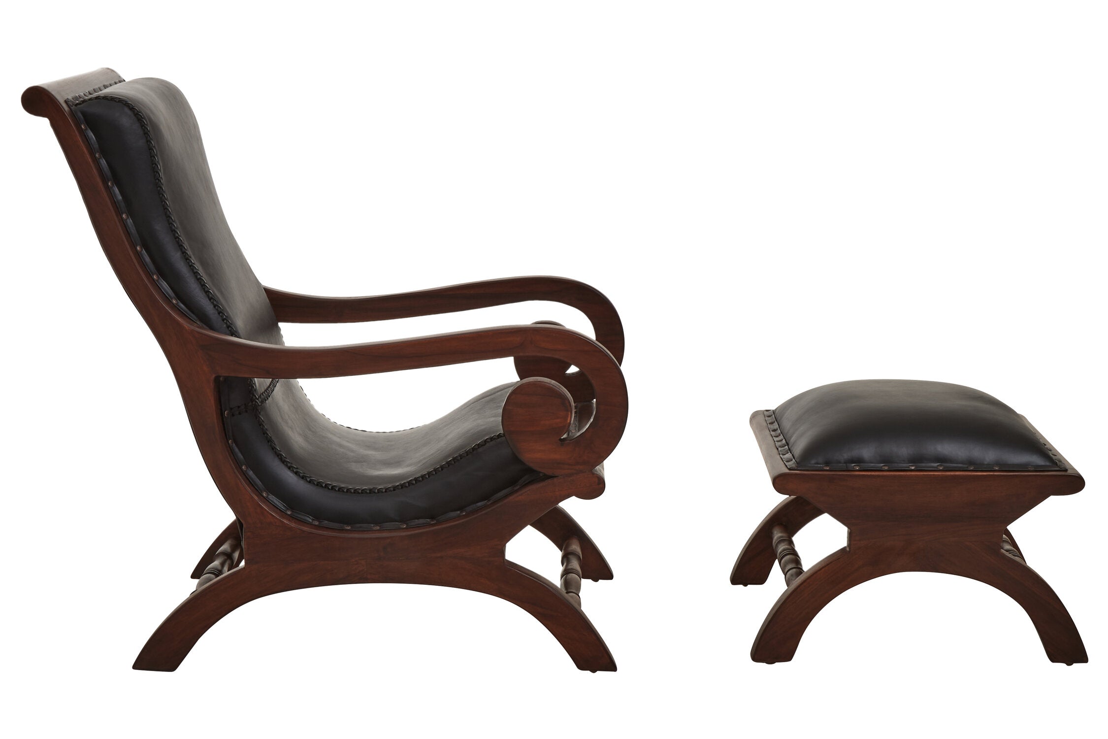 Black Leather and Teak Lounge Chair and Footstool - The Orchard Home and Gifts