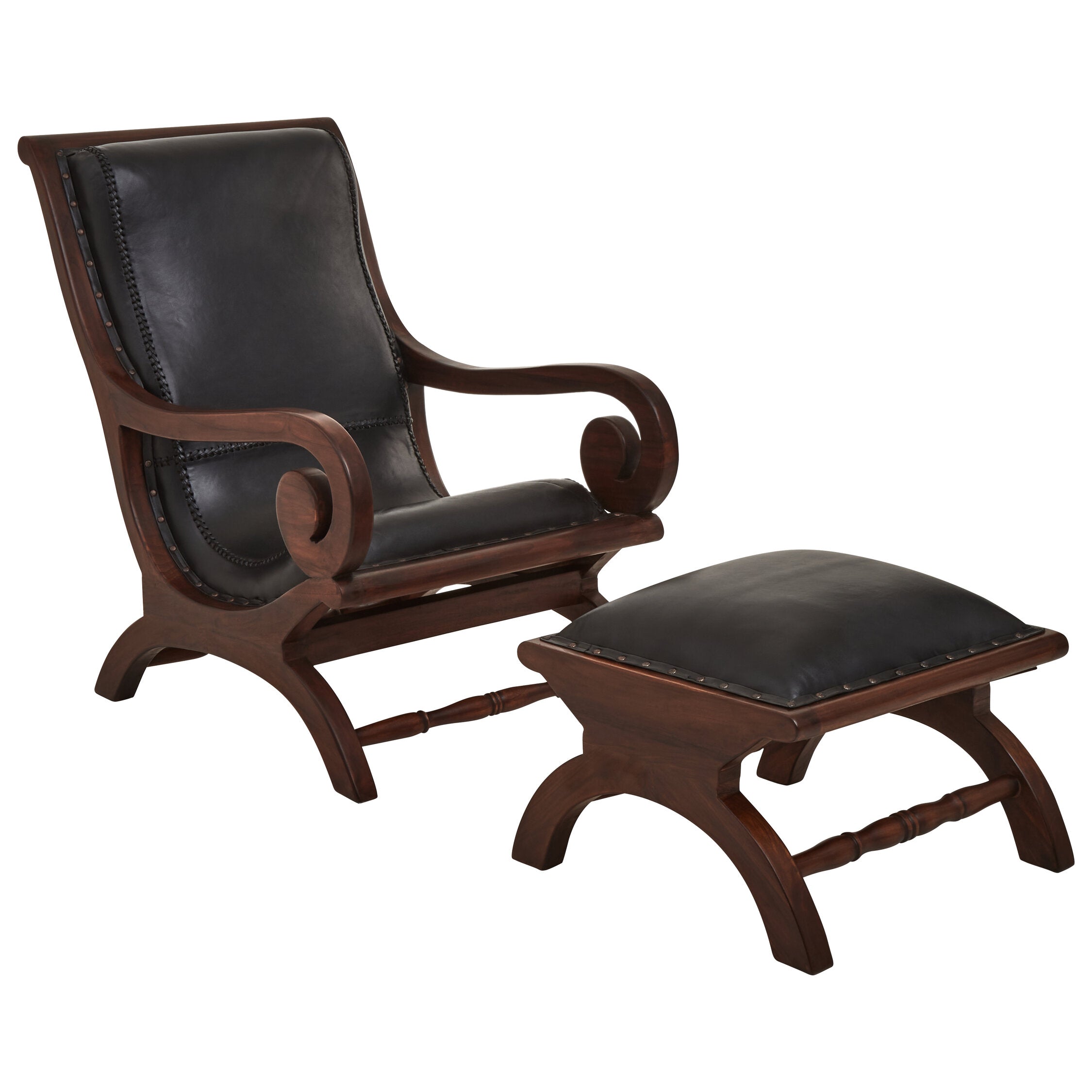 Black Leather and Teak Lounge Chair and Footstool - The Orchard Home and Gifts