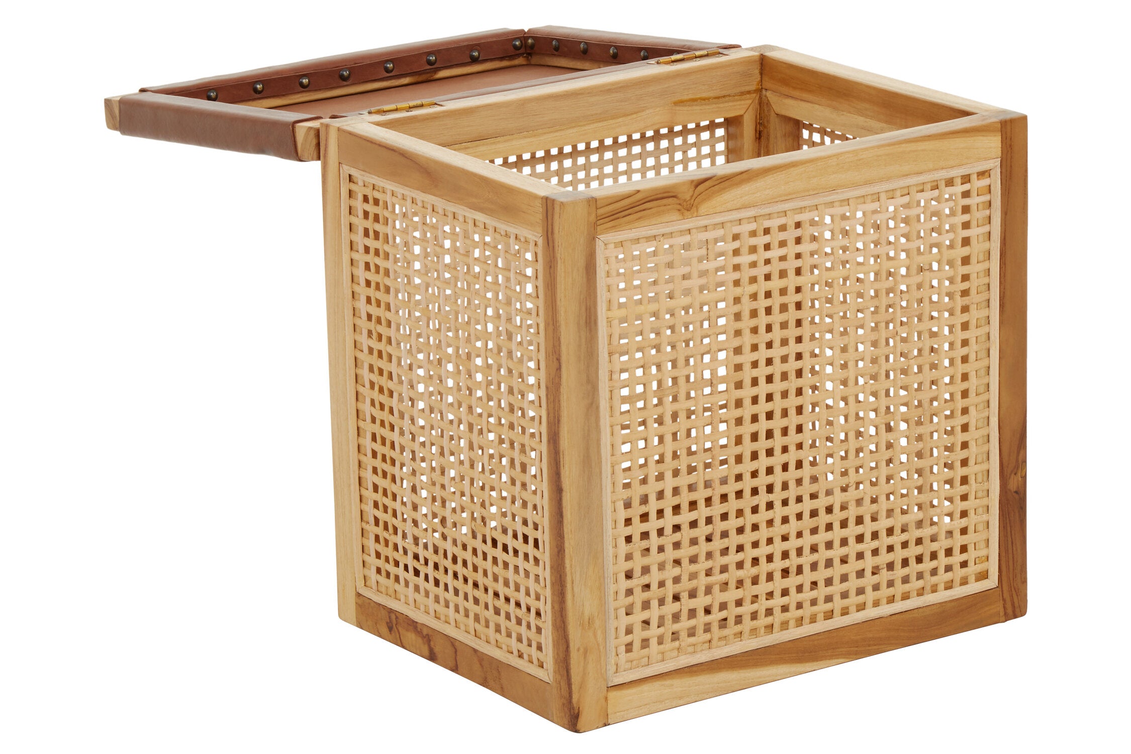 Natural Rattan and Leather Storage Box Side Table - The Orchard Home and Gifts