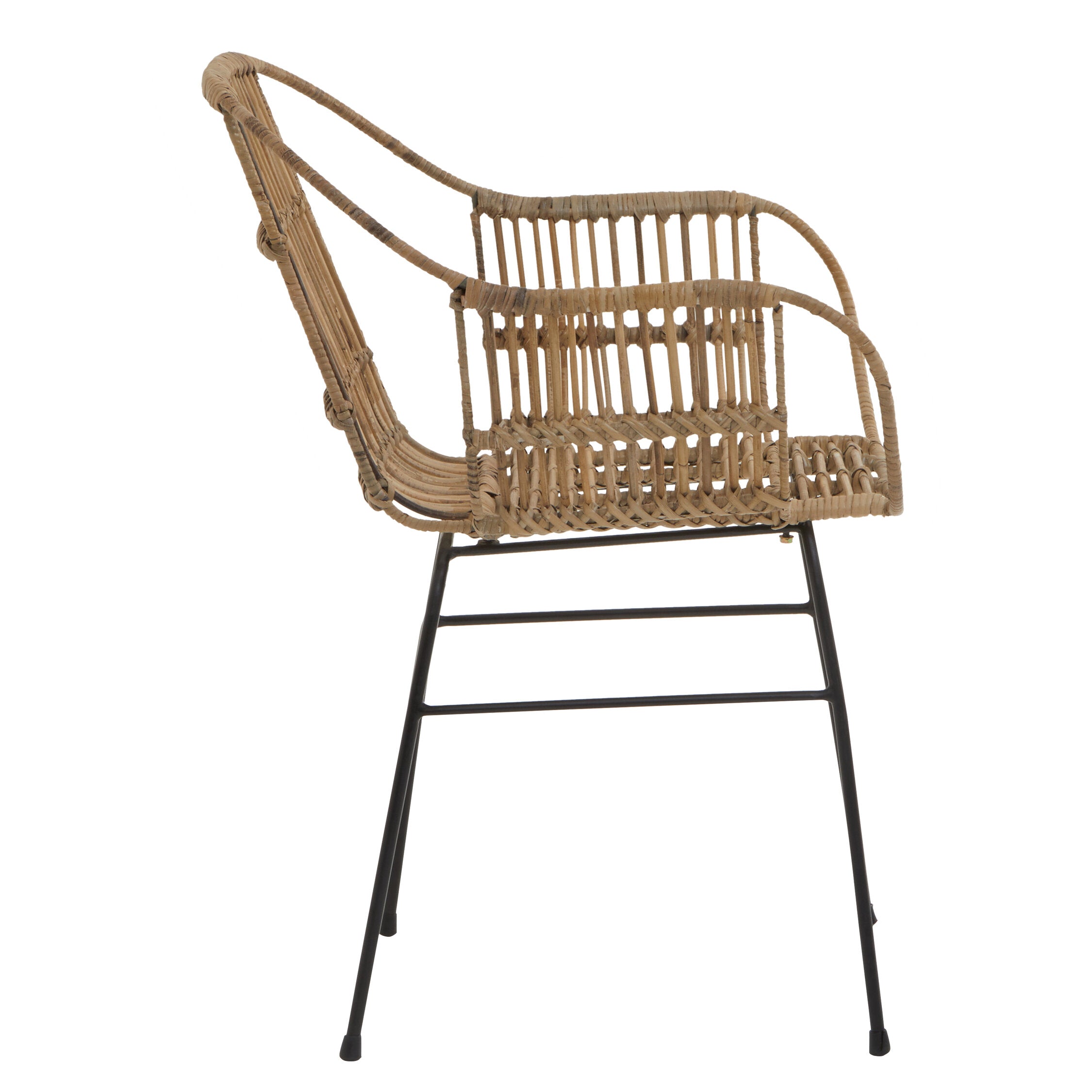 Round Back Natural Rattan and Black Metal Dining Chair