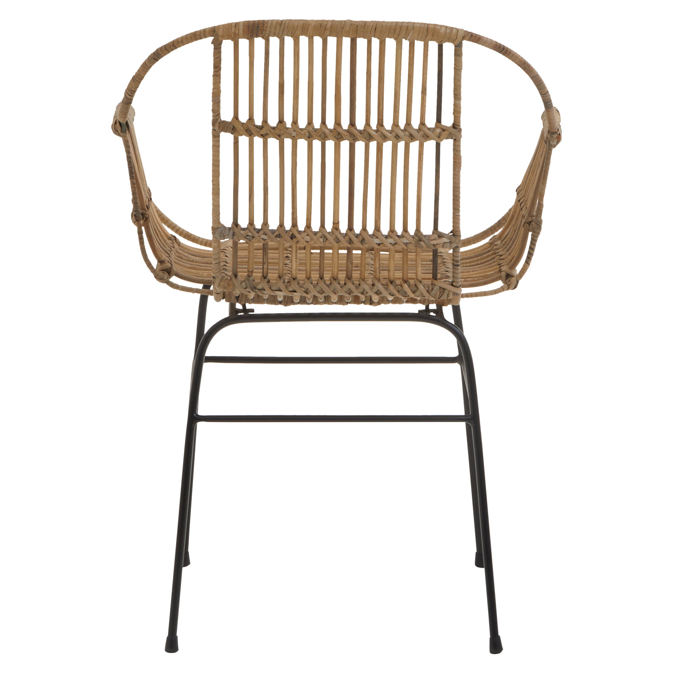 Round Back Natural Rattan and Black Metal Dining Chair