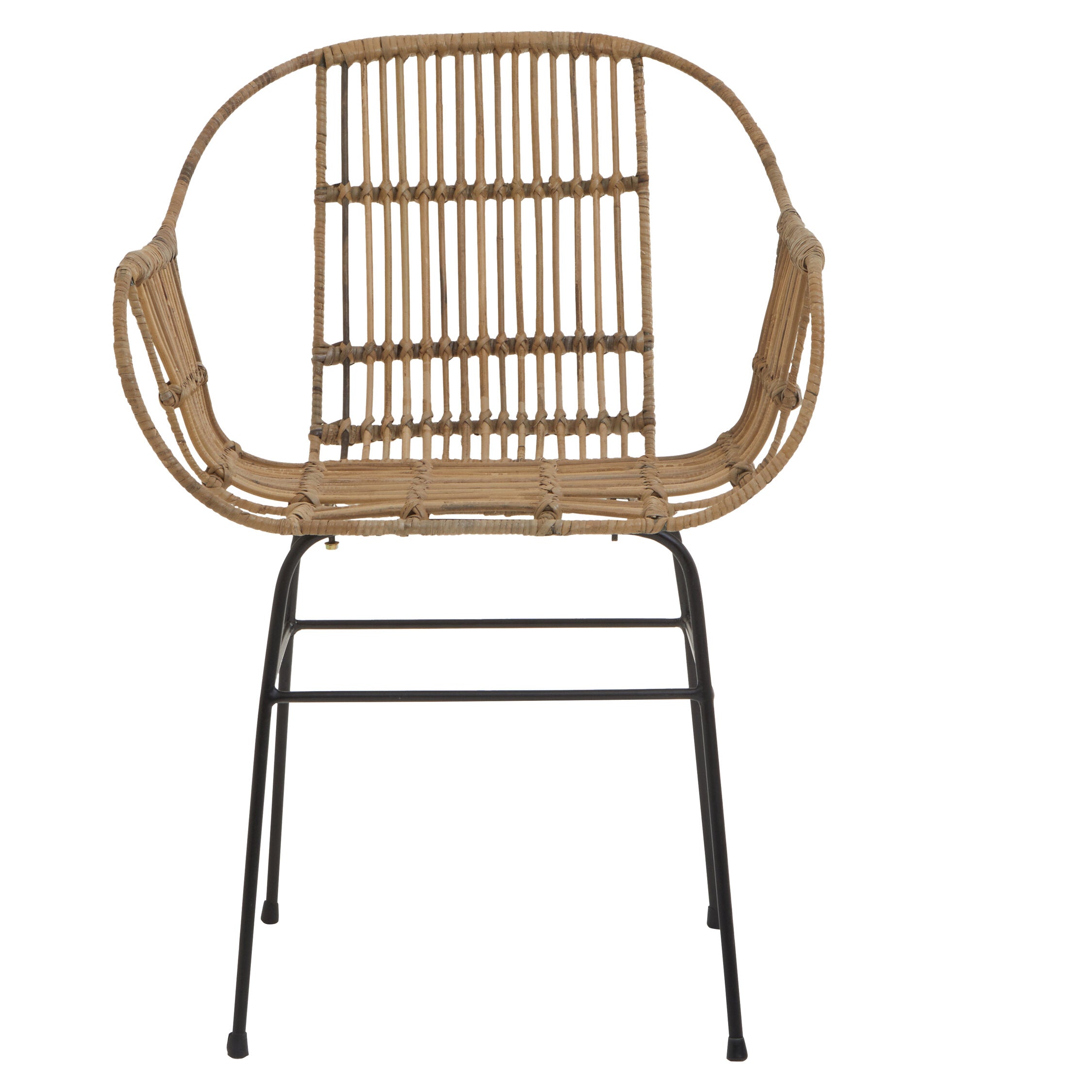 Round Back Natural Rattan and Black Metal Dining Chair