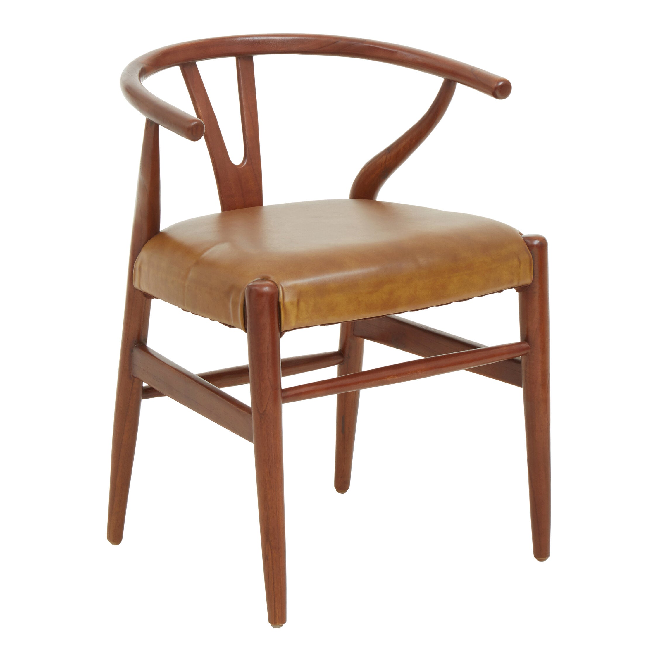 Curved Teak Wishbone Tan Brown Leather Chair - The Orchard Home and Gifts