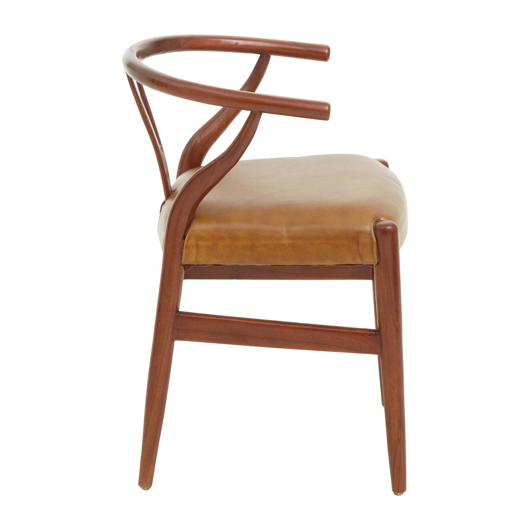 Curved Teak Wishbone Tan Brown Leather Chair - The Orchard Home and Gifts