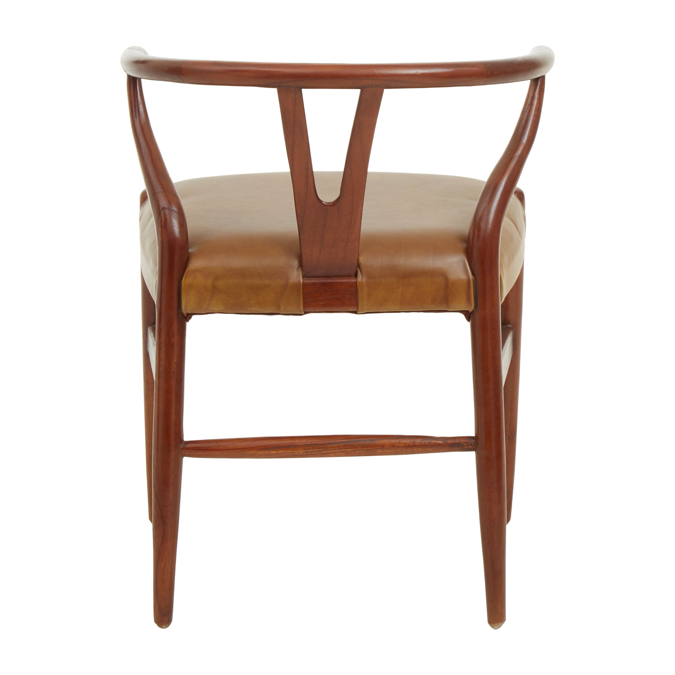 Curved Teak Wishbone Tan Brown Leather Chair - The Orchard Home and Gifts