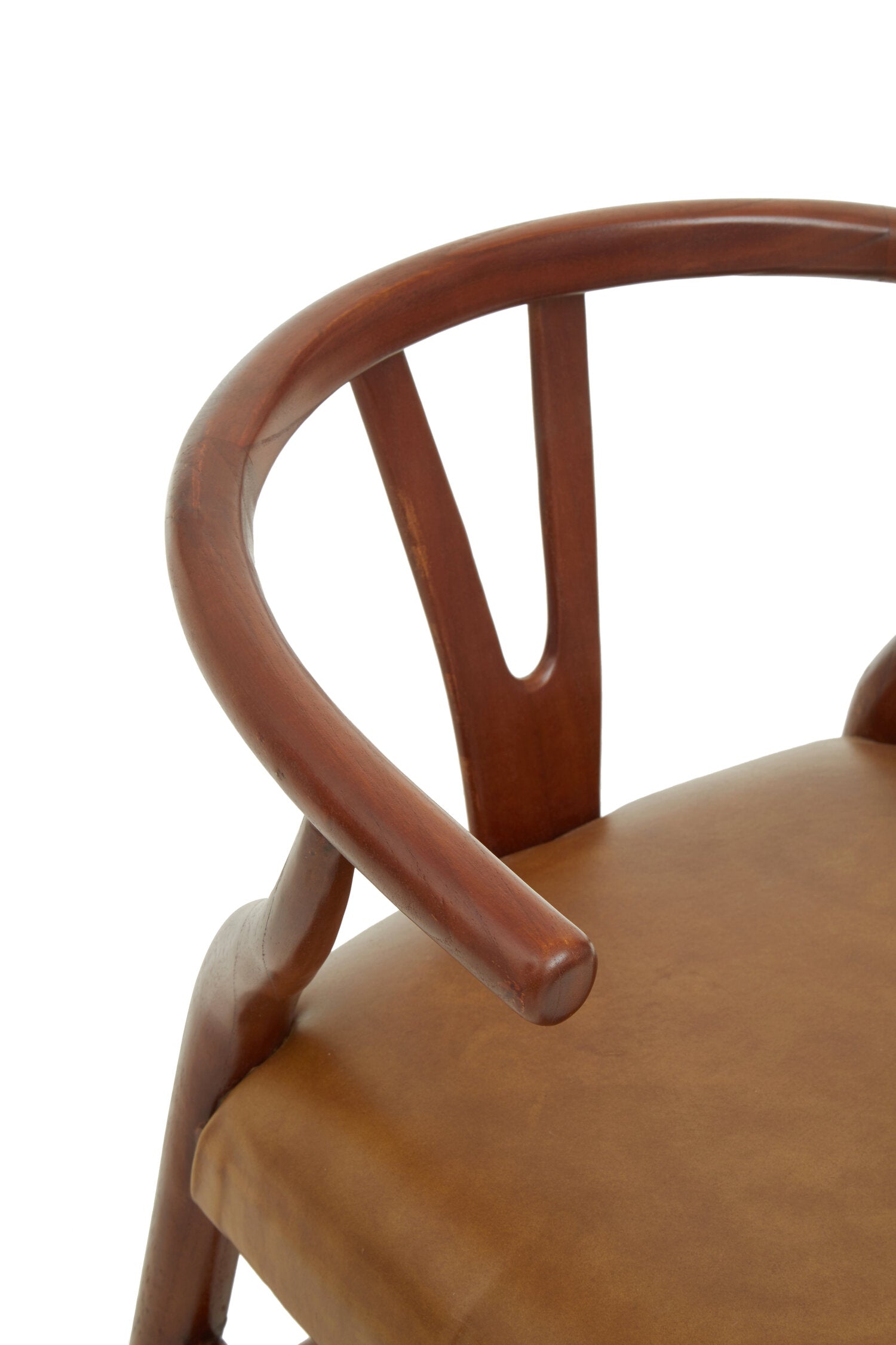 Curved Teak Wishbone Tan Brown Leather Chair - The Orchard Home and Gifts