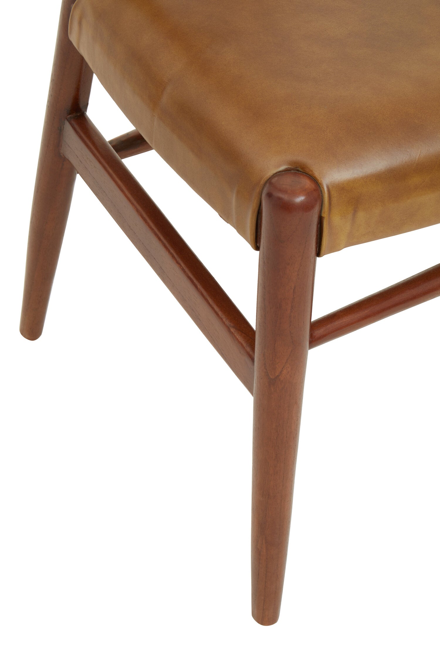 Curved Teak Wishbone Tan Brown Leather Chair - The Orchard Home and Gifts
