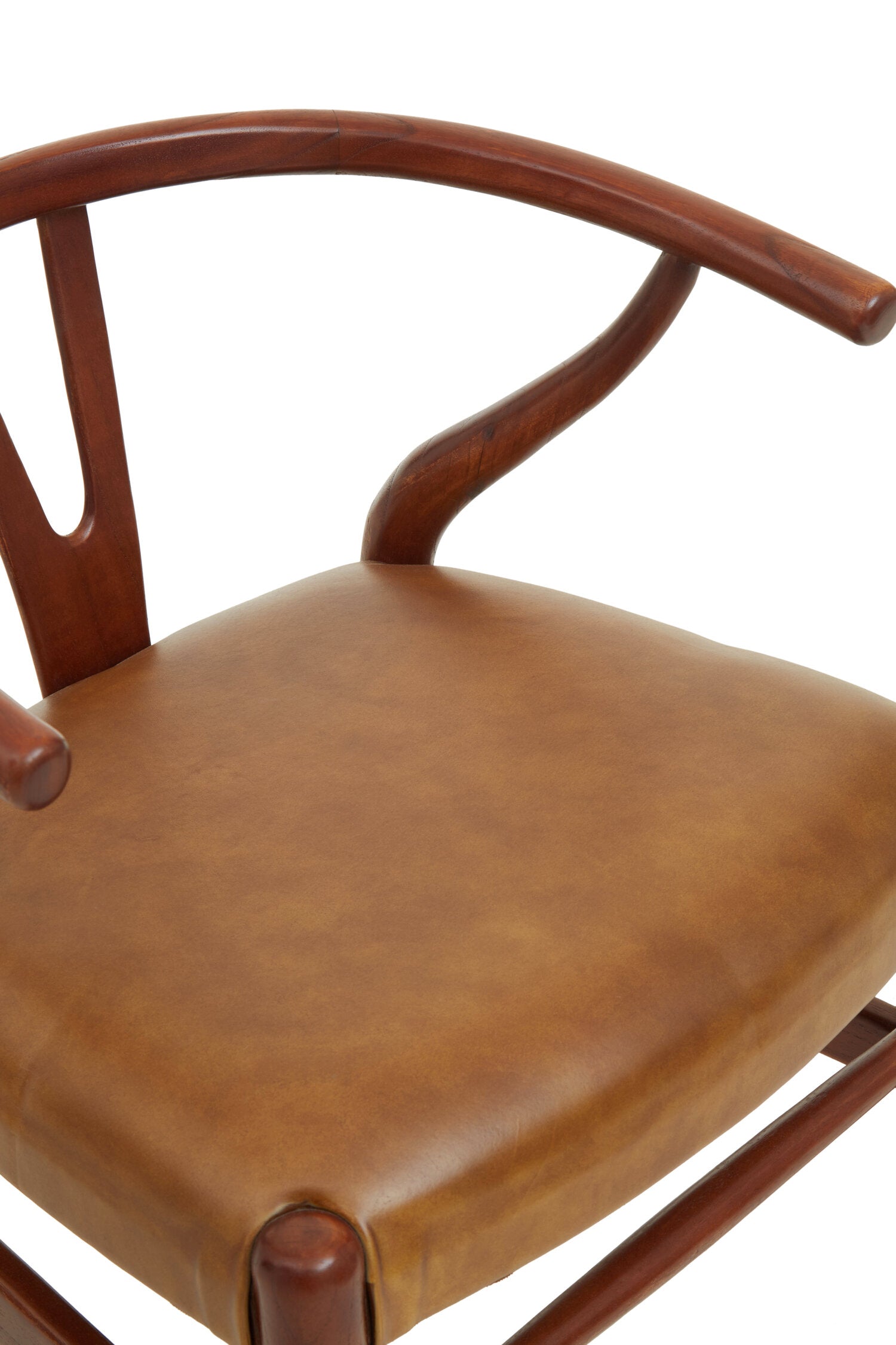 Curved Teak Wishbone Tan Brown Leather Chair - The Orchard Home and Gifts