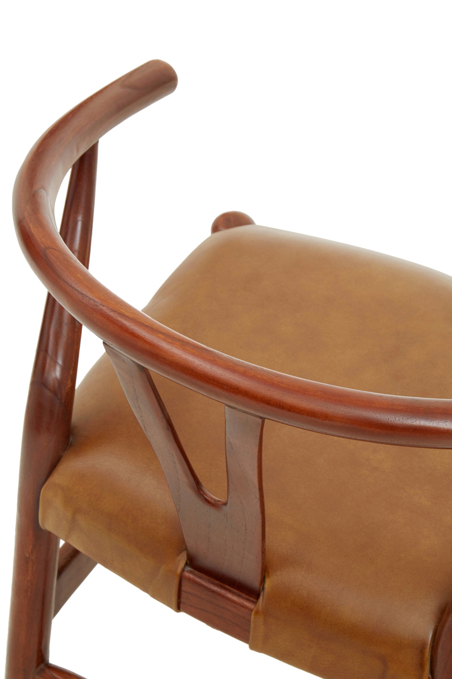 Curved Teak Wishbone Tan Brown Leather Chair - The Orchard Home and Gifts