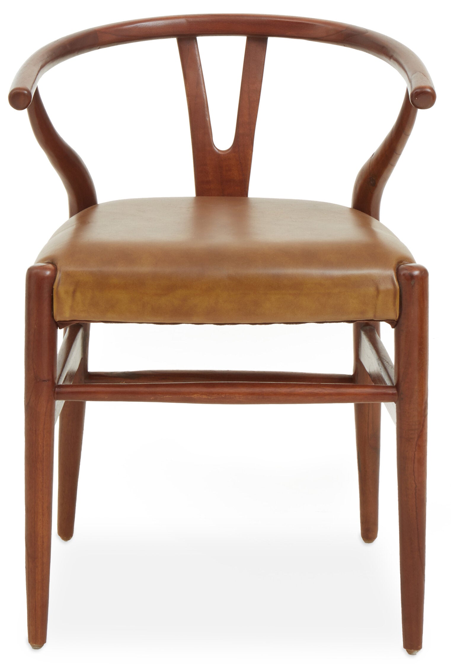 Curved Teak Wishbone Tan Brown Leather Chair